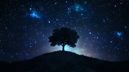 Lone tree silhouette on a hilltop under a glowing night sky filled with stars and soft moonlight, dark landscape with sharp outlines