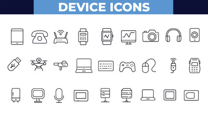 Devices set of web icons in line style. Electronic devices and gadgets icons for web and mobile app. Smart devices, technology, computer monitor, smartphone, tablet, laptop, drone. Vector illustration