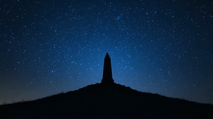 Monument silhouette on a small hilltop beneath a starlit sky with slight moon glow