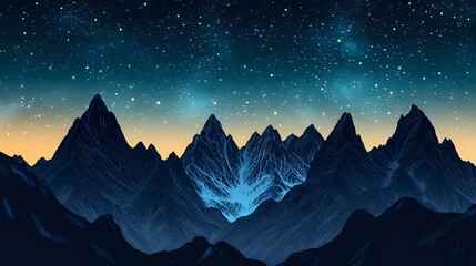 Mountain range silhouette with jagged peaks beneath a night sky full of stars and soft moonlight glow