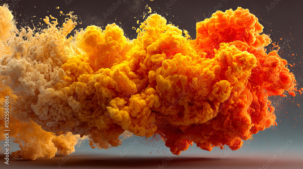 Poster orange cloud smoke with light realistic vector. gold color fog on transparent background. 3d dynamic