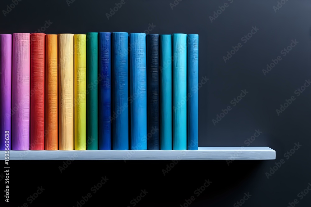 Poster colorful book spines arranged in rainbow spectrum order on white shelf against dark background, crea