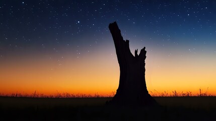 Silhouette of a broken tree stump in a moonlit meadow with subtle starry backdrop and horizon glow