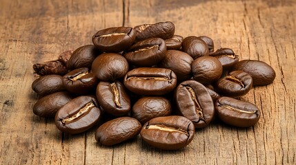 Obraz premium Fresh roasted coffee beans scattered on rustic wooden surface with natural lighting and detailed texture showing rich brown tones and distinctive bean shapes.