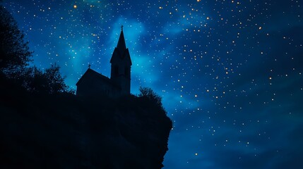 Silhouette of a cliffside church steeple under the glowing night sky surrounded by starlight
