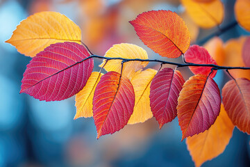 Obraz premium Close-up of colorful autumn leaves showcasing striking reds and yellows on a crisp day in the forest.