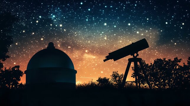 Silhouette of a distant observatory dome with telescope under a glowing night sky filled with stars