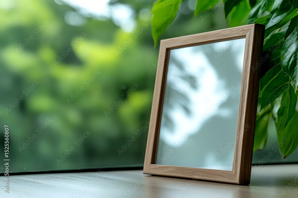 Poster empty wooden photo frame standing on windowsill with green foliage background and soft natural light