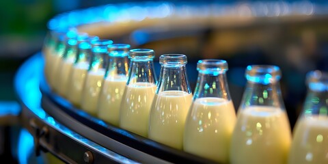 Glass milk bottles lined up in curved row with fresh dairy beverage showing creamy white liquid inside, illuminated by blue ambient lighting in refrigerated display.