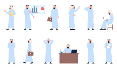 Saudi businessman. Arab man in traditional costume in different business situations. Muslim character office worker, employee work recent vector set