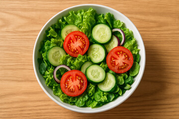 Fresh and vibrant salad bowl featuring tomatoes, cucumbers, and lettuce on a wooden table.