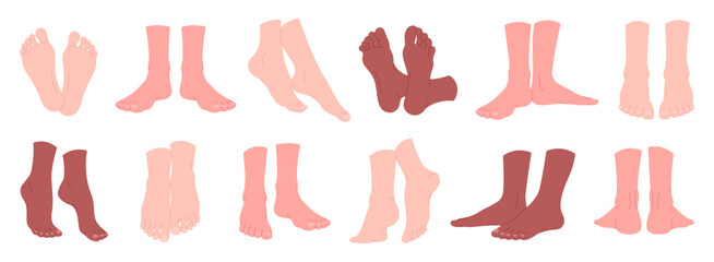 Human foot positions. Naked female male feet different poses. Bare legs with healhty skin and nails. Leg care, people body anatomy elements, racy vector set