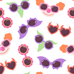 Party eyeglasses seamless pattern. Bright eyewear for festivals and carnivals. Masquerade accessories, children design. Print for textile, wrapping, racy vector background