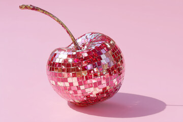 Shiny Disco Ball Cherry on Pink Background with Retro Pop Art Style