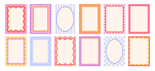 Wavy retro frames. Bright geometric edges and patterns covers, art style invitation or postcards design. Doodle squiggly frame, racy vector set