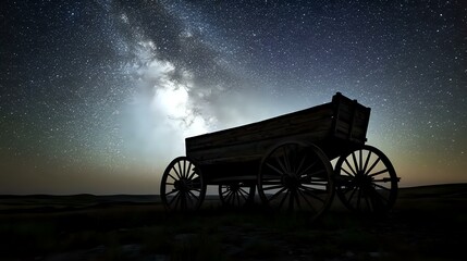 Silhouette of an old wooden wagon in an open prairie under a vivid starry night and calm light
