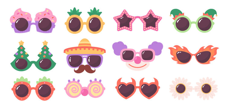Party eyeglasses. Cartoon cute glasses with christmas tree, daisy, sombrero, cupcakes, clown face. Carnival festival spectacles, eyewear racy vector clipart