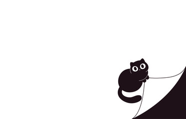 Empty white banner with curled corner. Funny black cat turns corner of page. Graphic design with sticker for planners, notebook, card, vector template