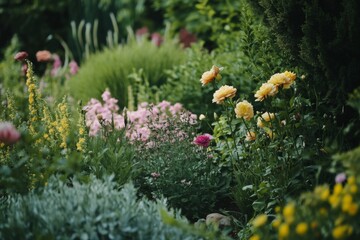 A vivid garden with diverse flowers and plants.