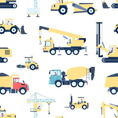 Special vehicle seamless pattern. Construction trucks and crane, concrete mixer and asphalt paver. Childish elements print, vector background