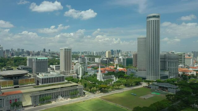 sunny day singapore city downtown central area famous museum field aerial panorama 4k 