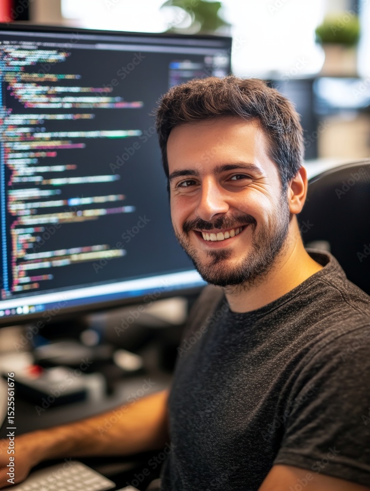 Poster smiling male with beard working on code at a desk