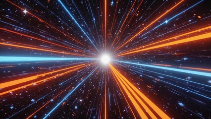 Naklejka premium Abstract speed tunnel with glowing blue and orange light streaks radiating from a bright central point, creating a futuristic visual effect of motion, energy, and hyperspace in a digital universe.
