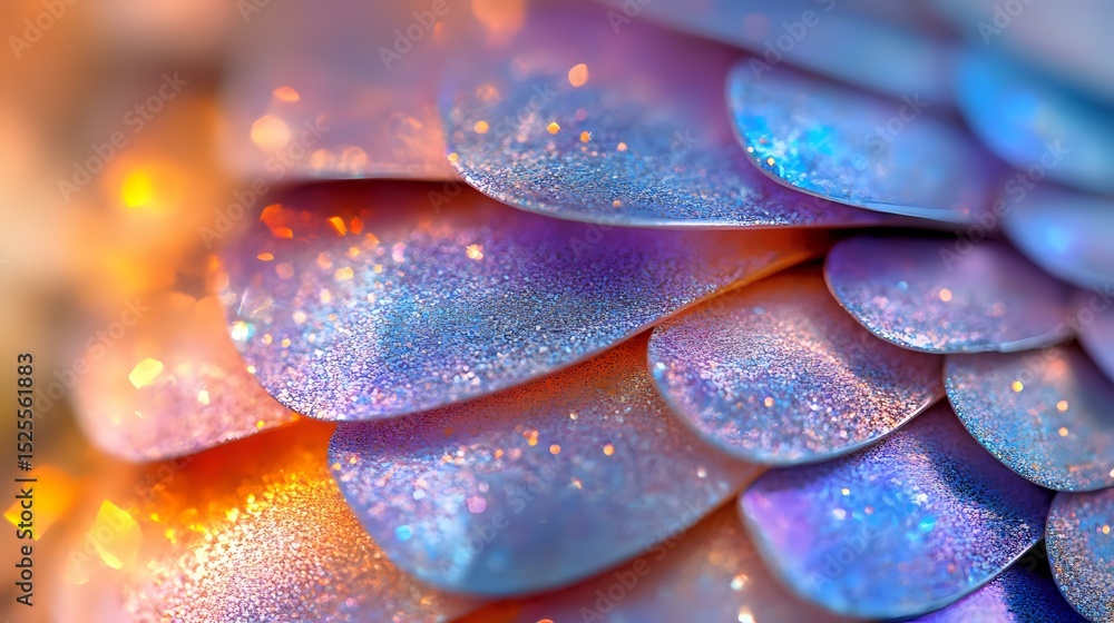 Poster macro photography of iridescent scales with water droplets creating magical sparkle effect in orange