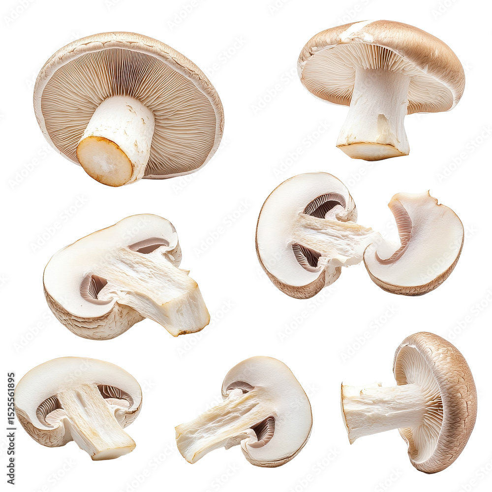 Poster Sliced mushrooms displayed in various cuts and angles on a Transparent background, Sliced Mushrooms, Different Cuts and Views, isolated on PNG background
