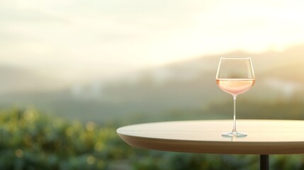 Obraz premium Glass of Rosé Wine on Table at Sunset with Vineyard View 
