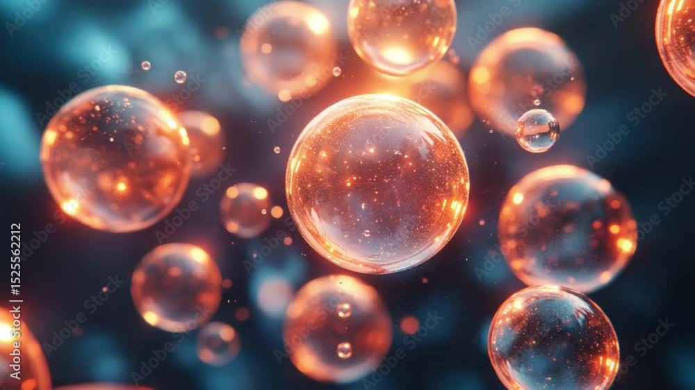 Poster Glowing Cellular Spheres: A captivating image presents a cluster of glowing cellular spheres, with vibrant, shimmering light creating a visually stunning display, showcasing a world of micro-cellular.