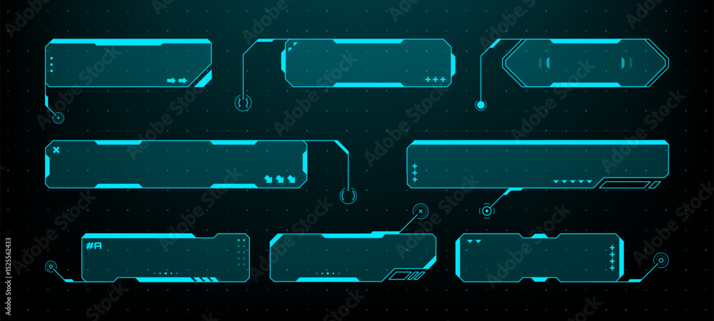 Poster Set of blue hud frames for game interface. Futuristic vector digital elements and boxes. Sci-fi display concept design. Vector graphics.