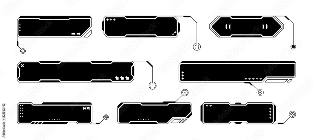 Poster Set of black and white futuristic display elements. Hud vector graphics. Digital callout title boxes or labels for virtual reality. Vector graphics.