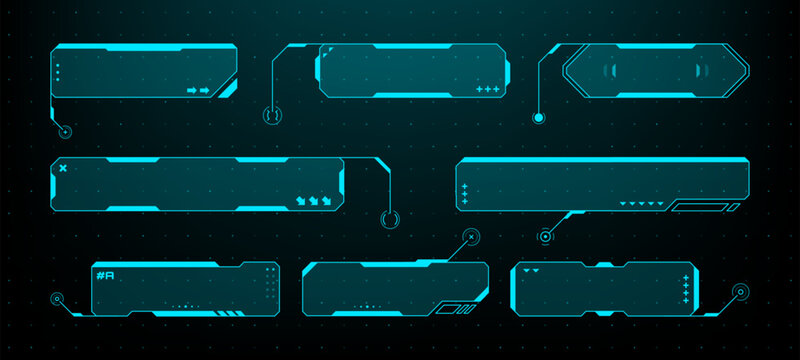 Set of blue hud frames for game interface. Futuristic vector digital elements and boxes. Sci-fi display concept design. Vector graphics.