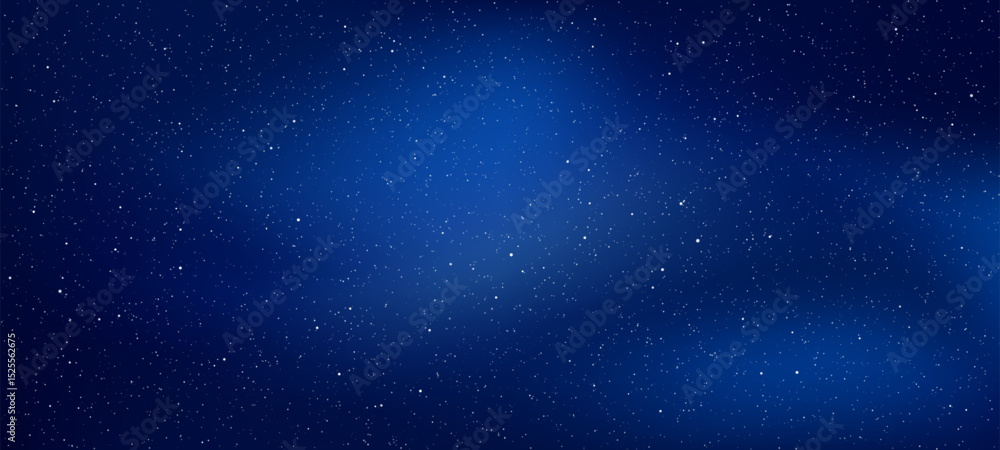 Poster Deep blue sky with countless scattered stars and shimmering cosmic dust. Night universe background for astrophysics and science. Vector graphics.
