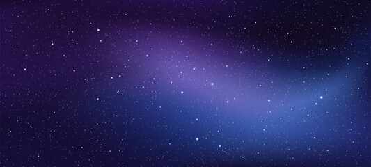 Dark night sky with twinkling stars and vibrant galaxy. Purple and blue light nebula as cosmic universe background. Vector graphics.