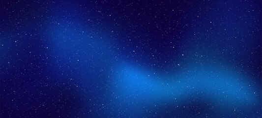 Vector illustration of a deep space background. Dark blue nebula and starfield with bright scattered stars. Cosmic night sky. Vector graphics.