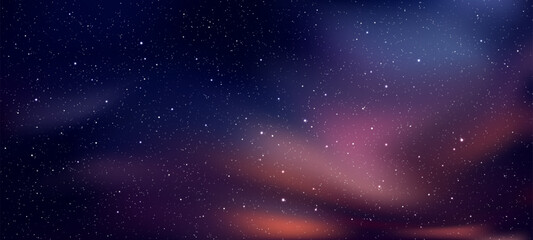 Dark blue and purple galaxy nebula with stars. Cosmic starry sky background. Space universe backdrop for astronomy concept. Vector graphics.