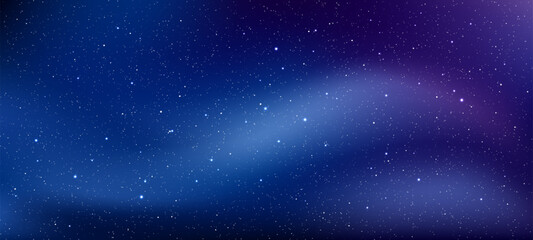 Dark blue night sky with shimmering stars and nebulae. Cosmic galaxy background. Space exploration illustration for wallpaper and design. Vector graphics. © hiten666