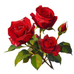 Fototapeta premium vibrant red garden roses with green leaves - beautiful floral art isolated on transparent background