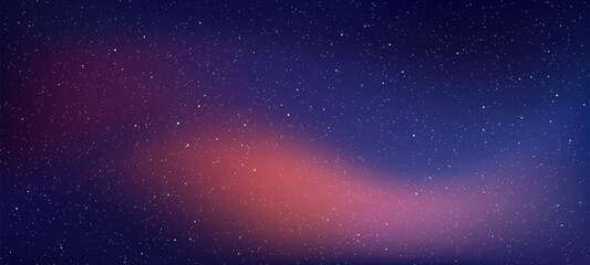 Dark blue and purple night sky with many stars. Deep space background with a colorful nebula. Universe abstract texture for astronomy banner. Vector graphics.