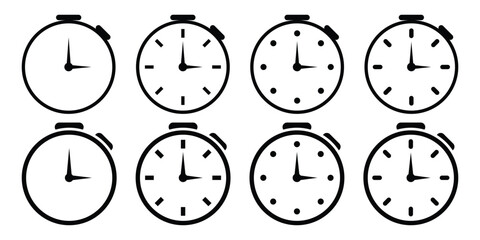 Timers icon set. Stopwatch icons set. Alarm pictogram. Vector illustration