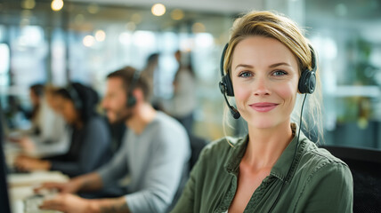 Smiling Woman Call Center Agent with Headset in Bright Office Environment