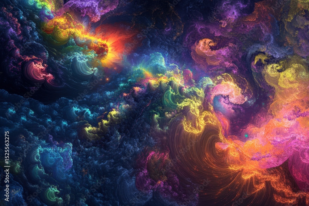 Poster Exploration of vibrant fractal flames in a cosmic landscape filled with swirling colors and patterns, Fractal flame