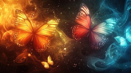 Two vibrant butterflies, orange and red, and another light blue, amidst swirling, smoky nebulae