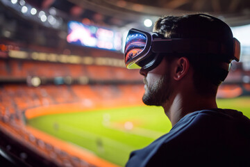 Man wearing VR headset experiencing augmented reality in a stadium, watching a live soccer match