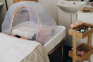 Bright modern salon workstation set up for scalp spa treatments with clean, professional tools