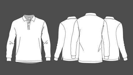 Polo T-shirt vector line drawing template set mockup isolated on white background. Flat technical drawing template. Unisex T-Shirt illustration front, Side and back view. Polo T-shirt Mockup.