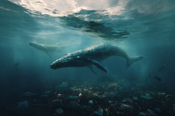 Fototapeta premium Whales Navigating Through an Ocean Polluted with Plastic Waste Beneath Sunlit Waters Illustrating the Urgent Threat of Human Impact on Marine Life and Ocean Ecosystems