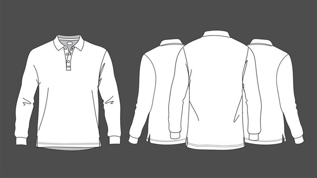Polo T-shirt vector line drawing template set mockup isolated on white background. Flat technical drawing template. Unisex T-Shirt illustration front, Side and back view. Polo T-shirt Mockup.